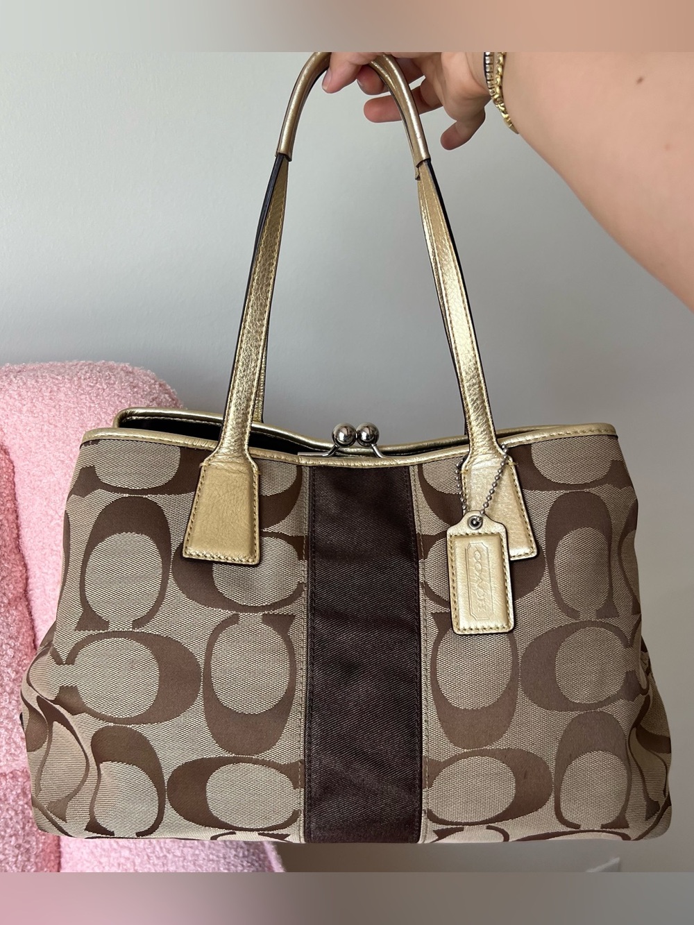 Coach Signature Stripe Frame Kisslock Carryall / Satchel